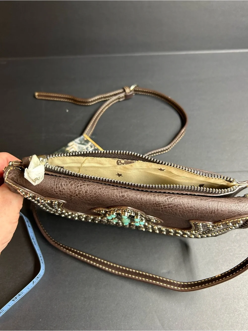 NWT American Bling Brown Studded Crossbody‎ Bag with Turquoise Accent